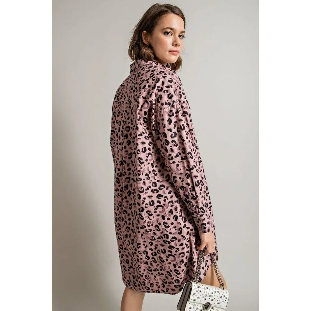Easel Mauve Leopard Animal Printed Collared Neck Shirt Button Down Front Dress - Picture 3 of 5